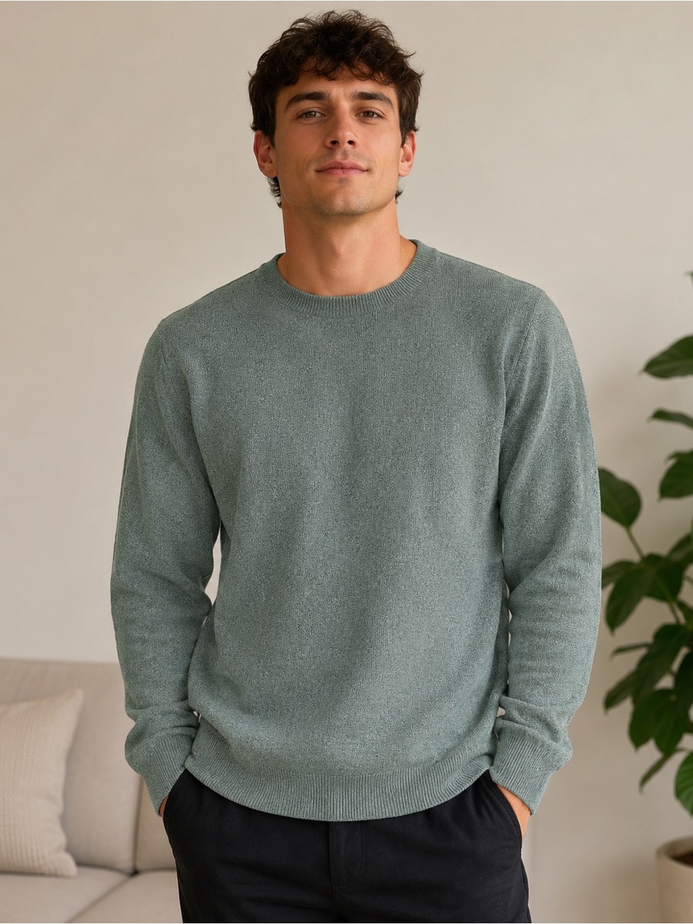 Zara Men's Crewneck Sweater in Heathered Sage Green, size XL, NWT